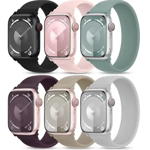 6 Pack Silicone Solo Loop Bands Compatible with Watch Band 40mm 38mm 41mm 44mm 45mm 46mm 42mm 49mm, Soft Stretchy Strap Sport Replacement Wristband for iWatch Series 10 9 8 7 6 SE 5 Ultra 4 3 2 1 - 1