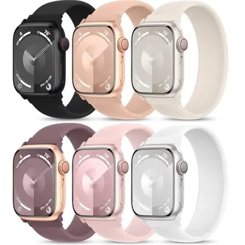 6 Pack Silicone Solo Loop Bands Compatible with Watch Band 40mm 38mm 41mm 44mm 45mm 46mm 42mm 49mm, Soft Stretchy Strap Sport Replacement Wristband for iWatch Series 10 9 8 7 6 SE 5 Ultra 4 3 2 1 
