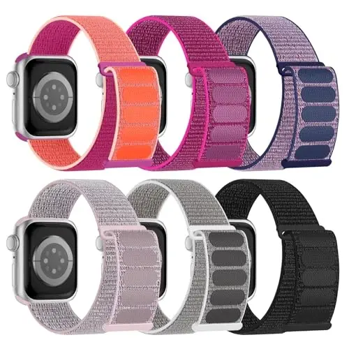 6 Pack Sport Nylon Loop Band Compatible with Apple Watch Band 38mm 40mm 41mm 42mm 44mm 45mm 46mm 49mm for Women Men, Adjustable Breathable Braided Straps for iWatch Series 11/10/9/8/7/6/5/4/3/SE/Ultra - 1