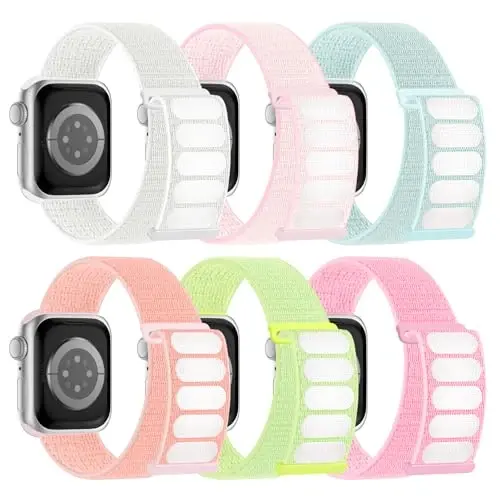 6 Pack Sport Nylon Loop Band Compatible with Apple Watch Band 38mm 40mm 41mm 42mm 44mm 45mm 46mm 49mm for Women Men, Adjustable Breathable Braided Straps for iWatch Series 11/10/9/8/7/6/5/4/3/SE/Ultra - 1