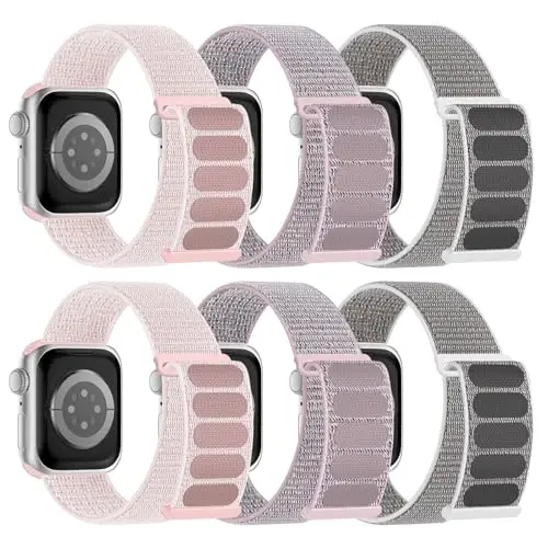 6 Pack Sport Nylon Loop Band Compatible with Apple Watch Band 38mm 40mm 41mm 42mm 44mm 45mm 46mm 49mm for Women Men, Adjustable Breathable Braided Straps for iWatch Series 11/10/9/8/7/6/5/4/3/SE/Ultra - 1