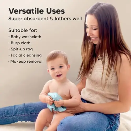 6-Pack Baby Washcloths - Soft Absorbent Viscose from Bamboo Wash Cloths for Babies, Kids, Toddlers, Infant, Newborn Bath Towels, Gentle on Sensitive Skin, 10x10 Reusable Face Towels (White/Sky) - 5