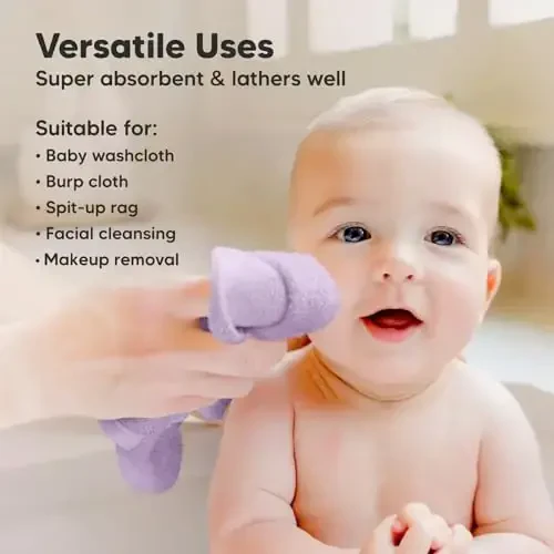 6-Pack Baby Washcloths - Soft Absorbent Viscose from Bamboo Wash Cloths for Babies, Kids, Toddlers, Infant, Newborn Bath Towels, Gentle on Sensitive Skin, 10x10 Reusable Face Towels (Soft Lilac) - 6