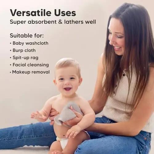 6-Pack Baby Washcloths - Soft Absorbent Viscose from Bamboo Wash Cloths for Babies, Kids, Toddlers, Infant, Newborn Bath Towels, Gentle on Sensitive Skin, 10x10 Reusable Face Towels (White/Stone) - 6