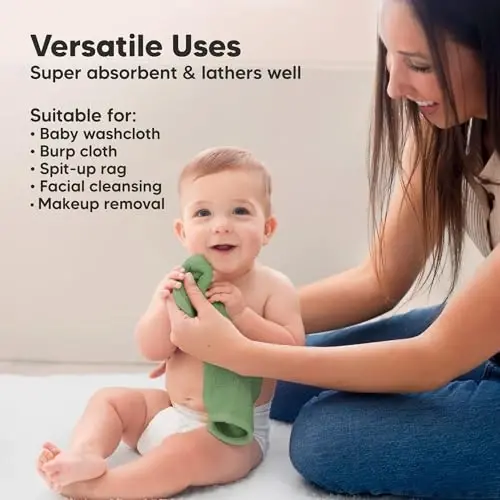 6-Pack Baby Washcloths - Soft Absorbent Viscose from Bamboo Wash Cloths for Babies, Kids, Toddlers, Infant, Newborn Bath Towels, Gentle on Sensitive Skin, 10x10 Reusable Face Towels (Meadow Green) - 6