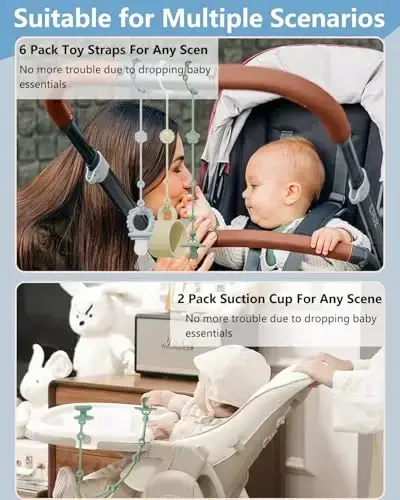 6 Pack Silicone Baby Toy Straps with 2 pcs Suction Cup Bases, Silicone Pacifier Clips Pacifier Holder, Tether Pacifier Clip,Adjustable Toy Holder for Stroller Accessories, Car Seat, Highchair,Crib (A) - 2