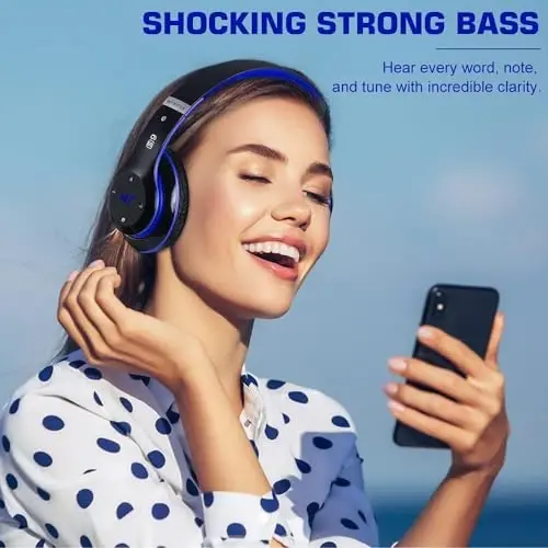 6S Bluetooth Headphones Over-Ear, Hi-Fi Stereo Foldable Wireless Stereo Headsets Earbuds with Built-in Mic, Volume Control, FM for iPhone/Samsung/iPad/PC (Blue) - 2