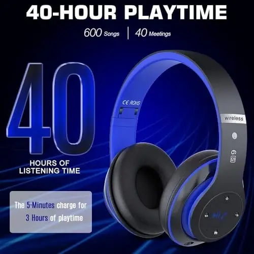 6S Bluetooth Quloqchinlar Quloq ustida, Hi-Fi Stereo Buklanadigan Simsiz Stereo Garnituralar O'rnatilgan Mikrofon, Ovozni boshqarish, iPhone/Samsung/iPad/PC uchun FM (Moviy) - 4