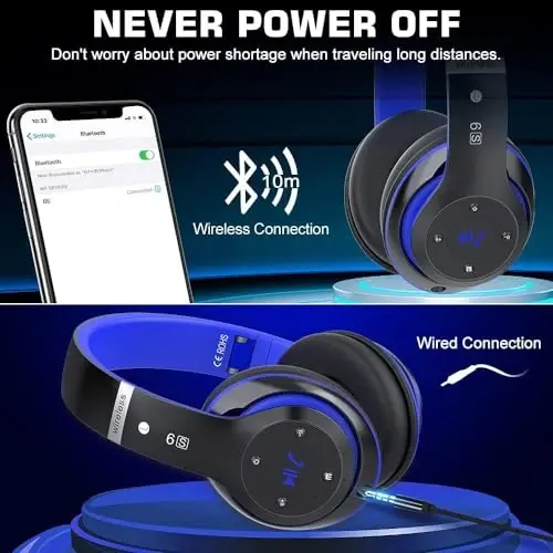 6S Bluetooth Quloqchinlar Quloq ustida, Hi-Fi Stereo Buklanadigan Simsiz Stereo Garnituralar O'rnatilgan Mikrofon, Ovozni boshqarish, iPhone/Samsung/iPad/PC uchun FM (Moviy) - 6
