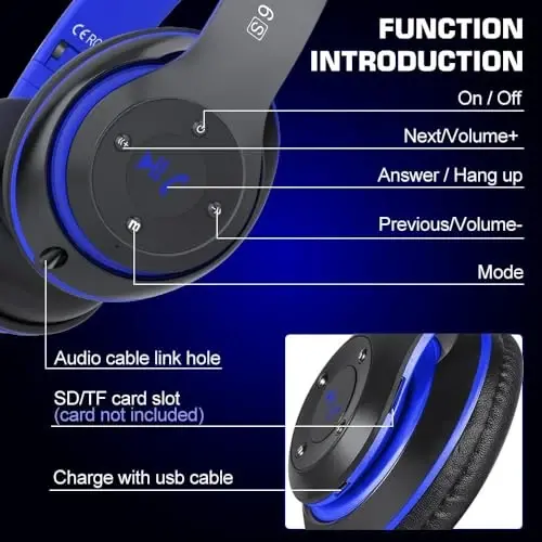 6S Bluetooth Quloqchinlar Quloq ustida, Hi-Fi Stereo Buklanadigan Simsiz Stereo Garnituralar O'rnatilgan Mikrofon, Ovozni boshqarish, iPhone/Samsung/iPad/PC uchun FM (Moviy) - 7