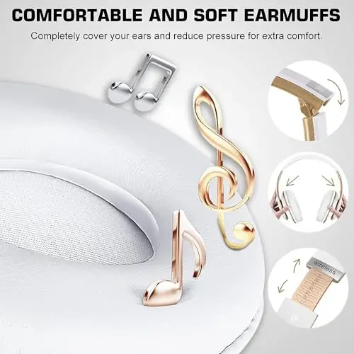 6S Simsiz Bluetooth Quloqchinlar Quloq ustida, Hi-Fi Stereo Buklanadigan Simsiz Stereo Garnituralar O'rnatilgan Mik, Ovozni boshqarish, iPhone/Samsung/iPad/Kompyuter uchun FM (Oq va Oltin) - 3