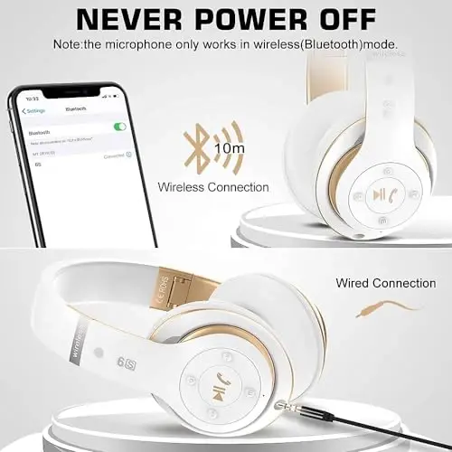 6S Simsiz Bluetooth Quloqchinlar Quloq ustida, Hi-Fi Stereo Buklanadigan Simsiz Stereo Garnituralar O'rnatilgan Mik, Ovozni boshqarish, iPhone/Samsung/iPad/Kompyuter uchun FM (Oq va Oltin) - 5