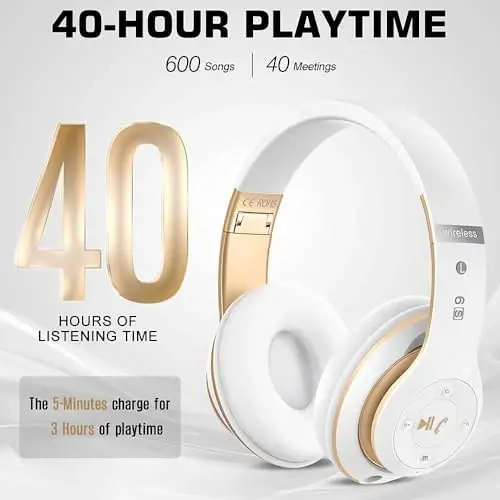 6S Wireless Bluetooth Headphones Over Ear, Hi-Fi Stereo Foldable Wireless Stereo Headsets Earbuds with Built-in Mic, Volume Control, FM for iPhone/Samsung/iPad/PC (White & Gold) - 4