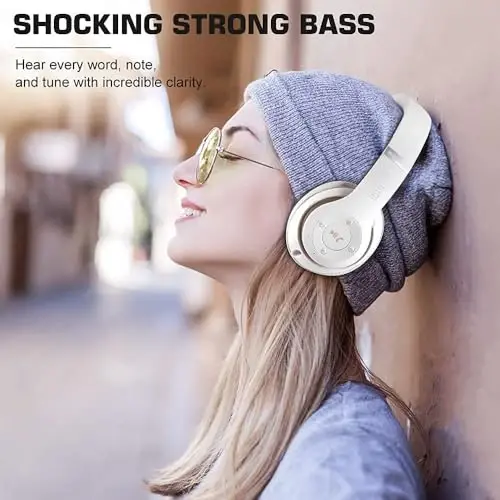 6S Wireless Bluetooth Headphones Over Ear, Hi-Fi Stereo Foldable Wireless Stereo Headsets Earbuds with Built-in Mic, Volume Control, FM for iPhone/Samsung/iPad/PC (White & Gold) - 6