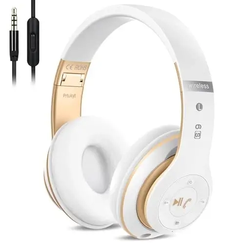 6S Wireless Bluetooth Headphones Over Ear, Hi-Fi Stereo Foldable Wireless Stereo Headsets Earbuds with Built-in Mic, Volume Control, FM for iPhone/Samsung/iPad/PC (White & Gold) - PRTUKYT