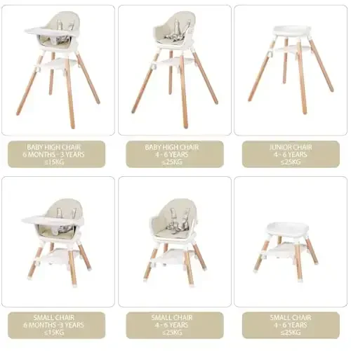 6 in 1 Baby High Chair, Convertible Wooden High Chairs/Booster Seat for Babies and Toddlers, Baby Feeding Chair with 5-Point Harness/Double Removable Tray & Adjustable Footrest (Beige) - RICUTON (1)
