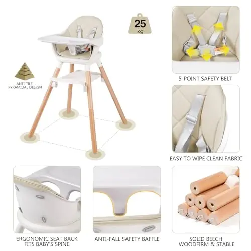6 in 1 Baby High Chair, Convertible Wooden High Chairs/Booster Seat for Babies and Toddlers, Baby Feeding Chair with 5-Point Harness/Double Removable Tray & Adjustable Footrest (Beige) - 4