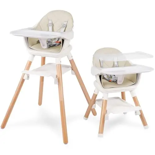 6 in 1 Baby High Chair, Convertible Wooden High Chairs/Booster Seat for Babies and Toddlers, Baby Feeding Chair with 5-Point Harness/Double Removable Tray & Adjustable Footrest (Beige) 
