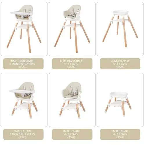 6 in 1 Baby High Chair, Convertible Wooden High Chairs/Booster Seat for Babies and Toddlers, Baby Feeding Chair with 5-Point Harness/Double Removable Tray & Adjustable Footrest (Beige) - 2