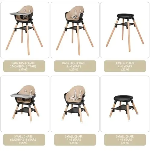 6 in 1 Baby High Chair, Convertible Wooden High Chairs/Booster Seat for Babies and Toddlers, Baby Feeding Chair with 5-Point Harness/Double Removable Tray & Adjustable Footrest (Black) - 2