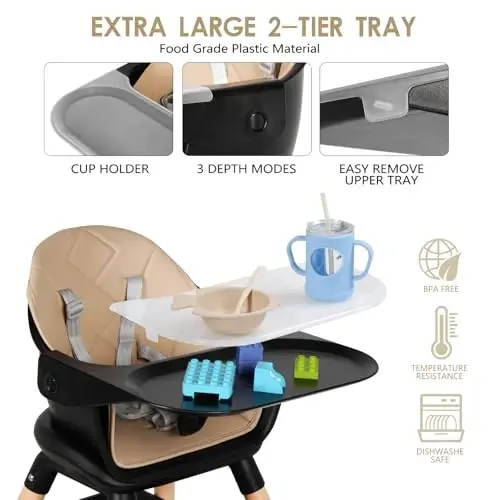 6 in 1 Baby High Chair, Convertible Wooden High Chairs/Booster Seat for Babies and Toddlers, Baby Feeding Chair with 5-Point Harness/Double Removable Tray & Adjustable Footrest (Black) - 3