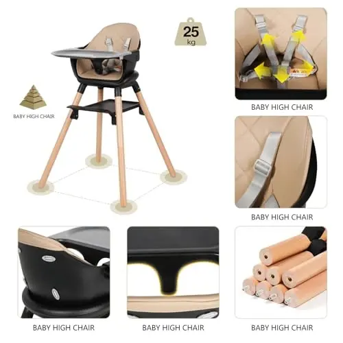 6 in 1 Baby High Chair, Convertible Wooden High Chairs/Booster Seat for Babies and Toddlers, Baby Feeding Chair with 5-Point Harness/Double Removable Tray & Adjustable Footrest (Black) - 4