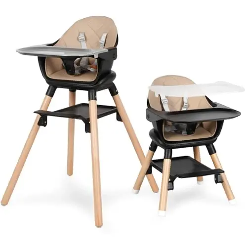 6 in 1 Baby High Chair, Convertible Wooden High Chairs/Booster Seat for Babies and Toddlers, Baby Feeding Chair with 5-Point Harness/Double Removable Tray & Adjustable Footrest (Black) - 1