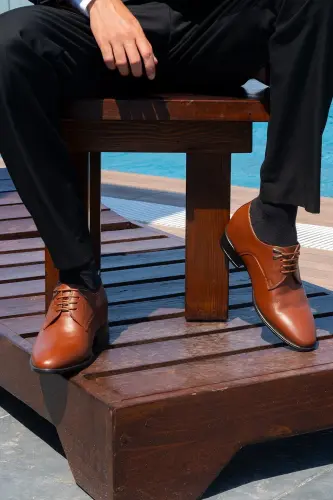 El Yapımı Aksesuarlı Kahverengi 7 Cm Boy Uzatan Gizli Topuklu Erkek Ayakkabı Damatlık Kundura - 1