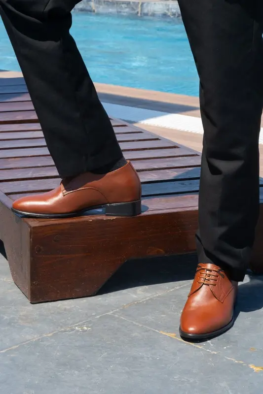 El Yapımı Aksesuarlı Kahverengi 7 Cm Boy Uzatan Gizli Topuklu Erkek Ayakkabı Damatlık Kundura - 4