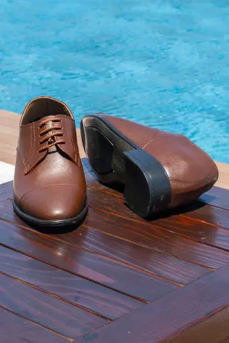 El Yapımı Kahverengi Oxford Model 7 Cm Boy Uzatan Gizli Topuklu Erkek Ayakkabı Damatlık Kundura - 1