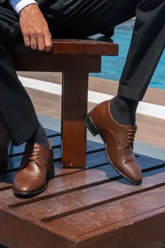El Yapımı Kahverengi Oxford Model 7 Cm Boy Uzatan Gizli Topuklu Erkek Ayakkabı Damatlık Kundura - ELEVOLD (1)