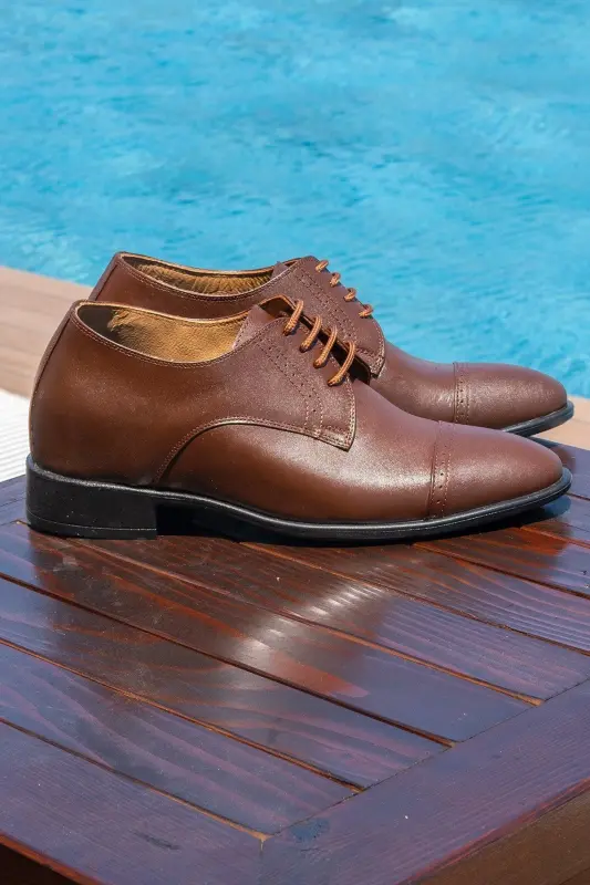 El Yapımı Kahverengi Oxford Model 7 Cm Boy Uzatan Gizli Topuklu Erkek Ayakkabı Damatlık Kundura - 4