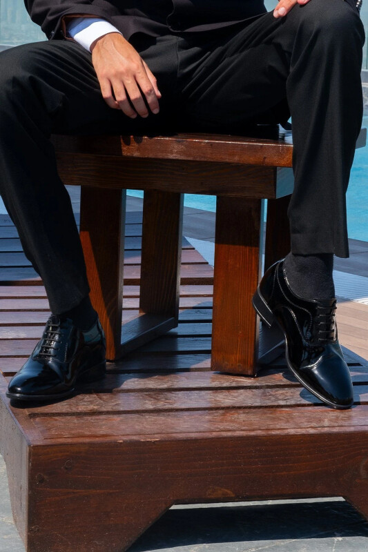 Yapımı Hakiki Deri Özel Koleksiyon Rugan 7 Cm Boy Uzatan Gizli Topuk Klasik Ayakkabı Damatlık-Siyah - 1