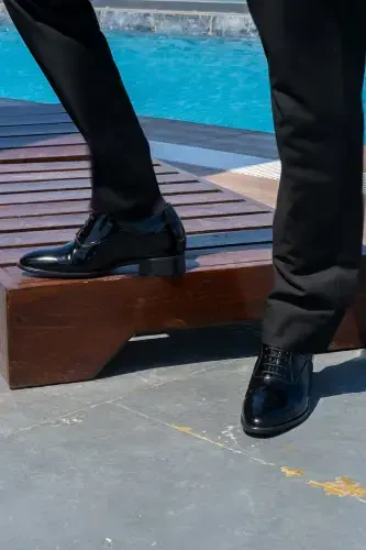 Yapımı Hakiki Deri Özel Koleksiyon Rugan 7 Cm Boy Uzatan Gizli Topuk Klasik Ayakkabı Damatlık-Siyah - ELEVOLD (1)