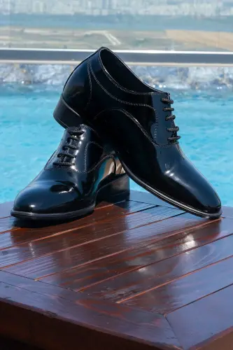 Yapımı Hakiki Deri Özel Koleksiyon Rugan 7 Cm Boy Uzatan Gizli Topuk Klasik Ayakkabı Damatlık-Siyah - 3