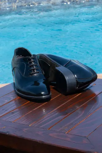 Yapımı Hakiki Deri Özel Koleksiyon Rugan 7 Cm Boy Uzatan Gizli Topuk Klasik Ayakkabı Damatlık-Siyah - 4