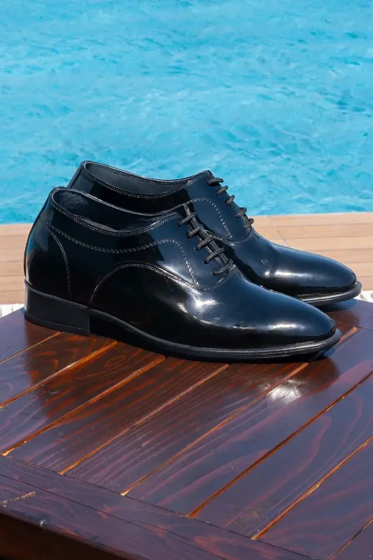 Yapımı Hakiki Deri Özel Koleksiyon Rugan 7 Cm Boy Uzatan Gizli Topuk Klasik Ayakkabı Damatlık-Siyah - 5