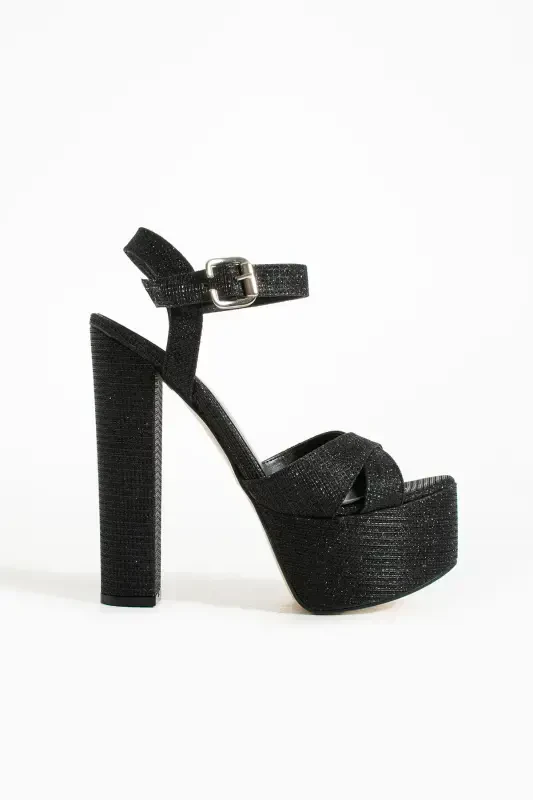 7-9600 16cm High Heel Platform Glittery Women's Evening Shoes - glittery black - 5