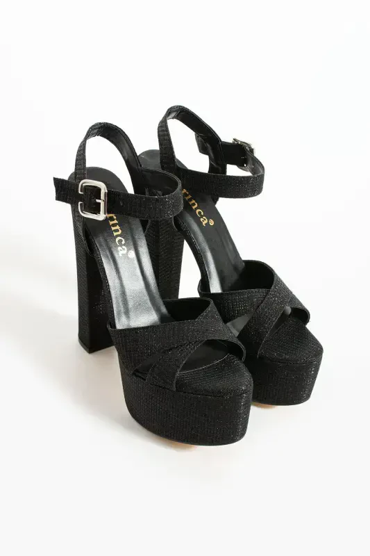 7-9600 16cm High Heel Platform Glittery Women's Evening Shoes - glittery black - 6