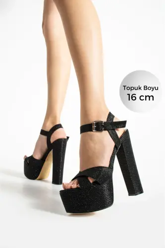 7-9600 16cm High Heel Platform Glittery Women's Evening Shoes - glittery black 