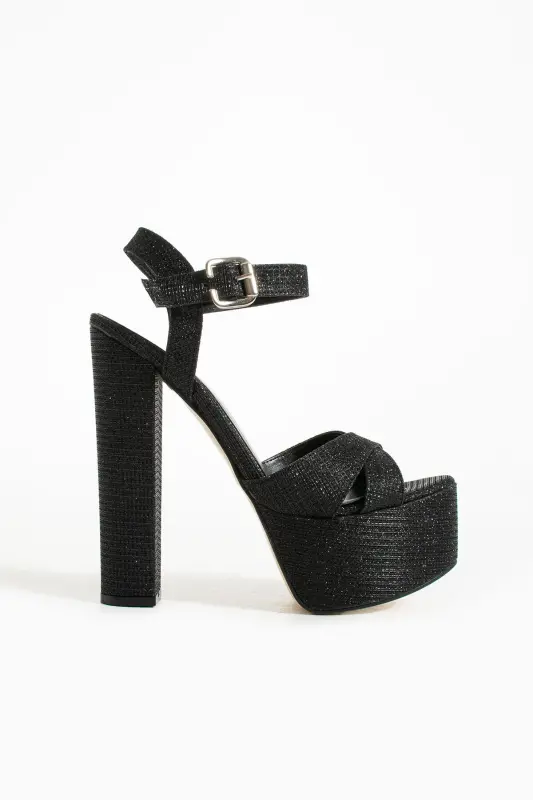 7-9600 16cm High Heel Platform Glittery Women's Evening Shoes - glittery black - 5