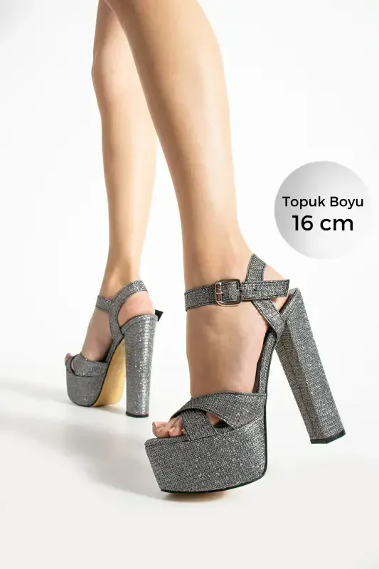 7-9600 16cm Platform Glittery Platinum Shoes - KARINCA