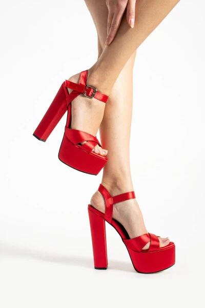7-9600 16cm Platform Red Satin Shoes - 4