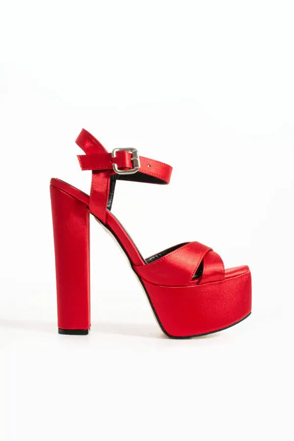 7-9600 16cm Platform Red Satin Shoes - 5