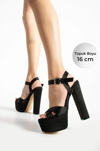 7-9600 16cm Platform Satin Black Shoes - KARINCA