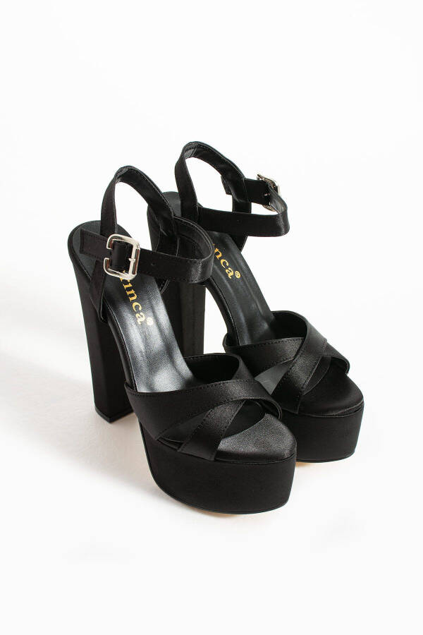 7-9600 16cm Platform Satin Black Shoes - 6