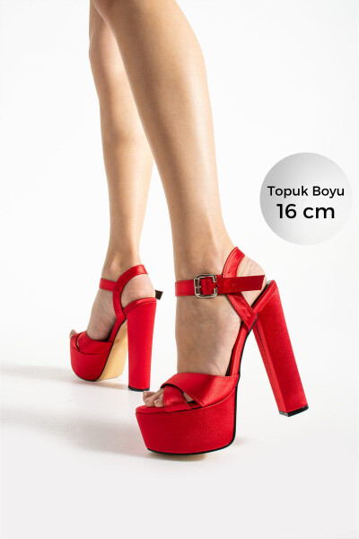 7-9600 16cm Platformlu Kırmızı Saten Ayakkabı-Kırmızı Saten 
