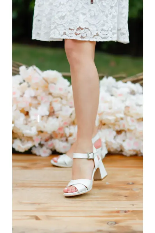 7 Cm Sedef Saten Gelin Ayakkabısı Koşma Garantili-Beyaz - 4