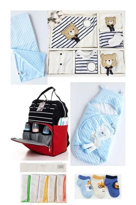 7 Cute BEAR BIRTH Set (10-PIECE HOSPITAL OUTFIT, SHOULDER-BACKPACK, SWADDLE, BLANKET, CLOTH, SOCKS)-GRAY - 1
