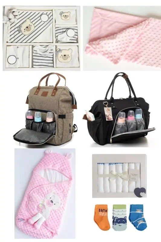 7 Cute Bears Newborn Set (10-Piece Hospital Outfit, Shoulder-Back Bag, Swaddle, Blanket, Burp Cloth, Socks)-Beige - 1